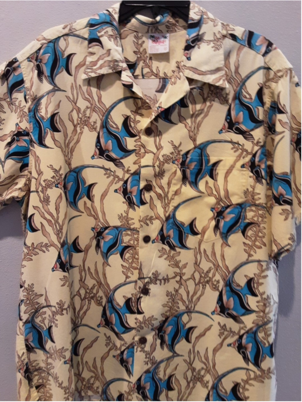 GO BAREFOOT Vintage Hawaiian Mellow Yellow Blue Fish Aloha Shirt Made USA Sz XL - Picture 4 of 14